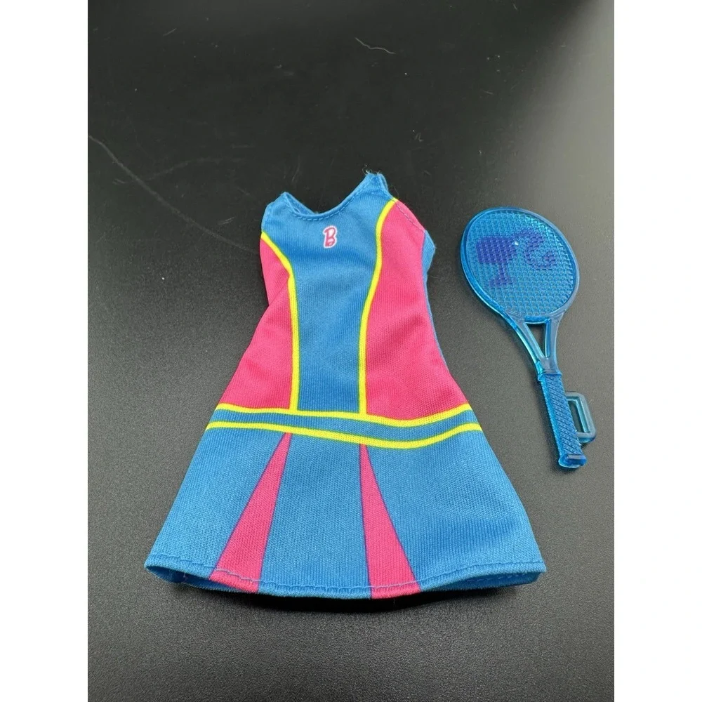 Vtg Mattel BARBIE Doll Blue  Pink Yellow Sleeveless Mini Tennis Dress And Racket